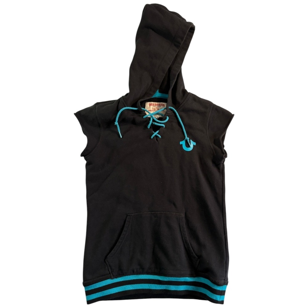 True‎ Religion Lace Up Hoodie Mens Small Black Logo Kangaroo Pockets Sleeveless